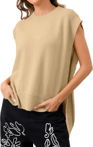 Women Round Neck Sleeveless Pullover Side Tie Sweater Vest Tops High Low Hem Knit Tank Tops Solid Loose Knitwear Vest