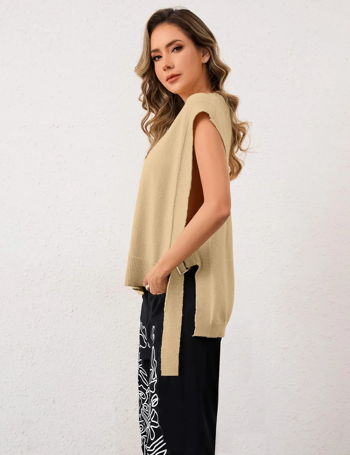 Women Round Neck Sleeveless Pullover Side Tie Sweater Vest Tops High Low Hem Knit Tank Tops Solid Loose Knitwear Vest
