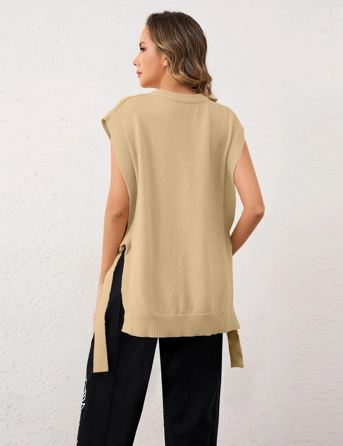 Women Round Neck Sleeveless Pullover Side Tie Sweater Vest Tops High Low Hem Knit Tank Tops Solid Loose Knitwear Vest