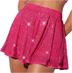 Women Sparkly Sequin Skorts Glitter Elastic High Waisted Sparkle Flowy Shorts Pleated Wide Leg Skirts for Rave Parties