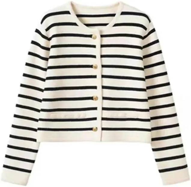 Women Spring Autumn Sweaters O-Neck Stripe Knitted Cardigan Long Sleeve Casual Short Tops Korean Style