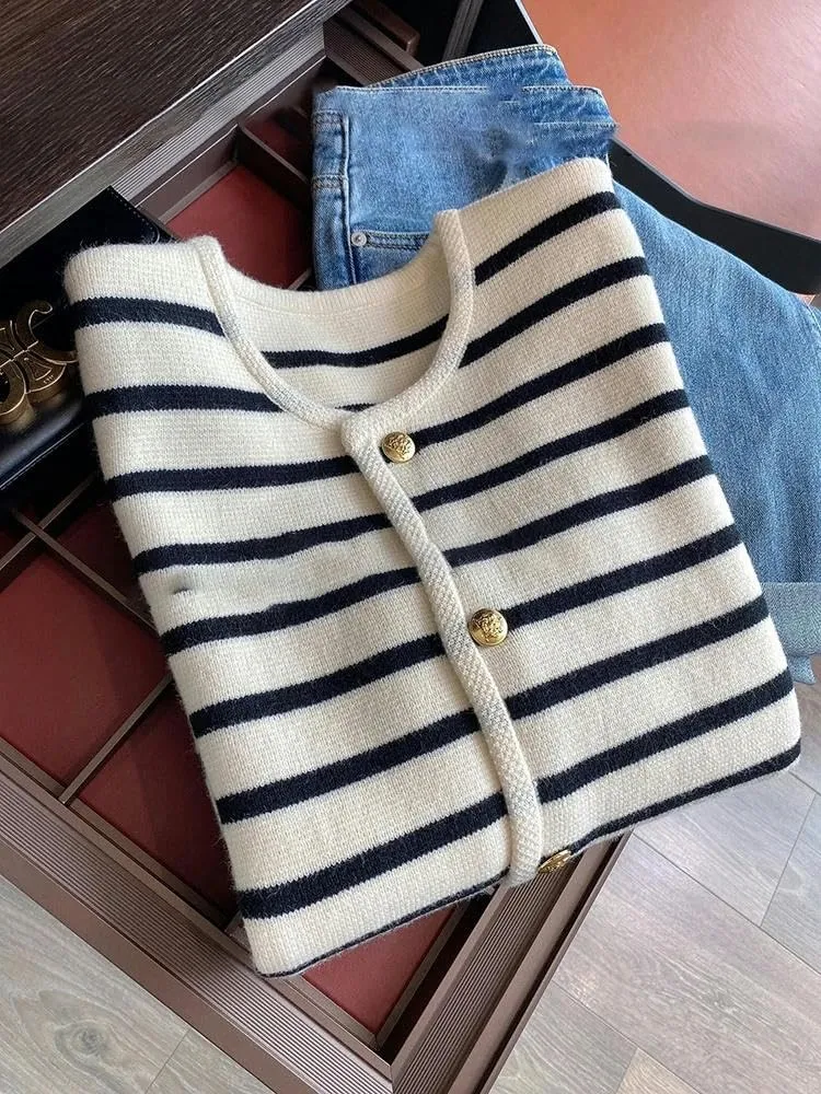 Women Spring Autumn Sweaters O-Neck Stripe Knitted Cardigan Long Sleeve Casual Short Tops Korean Style