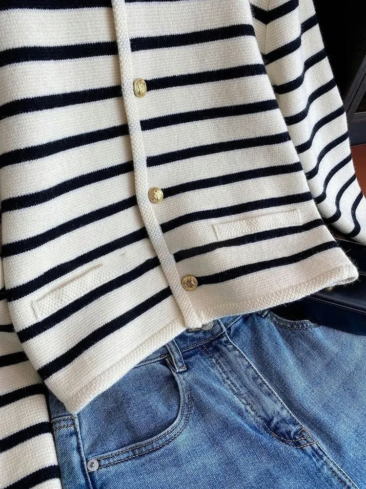 Women Spring Autumn Sweaters O-Neck Stripe Knitted Cardigan Long Sleeve Casual Short Tops Korean Style
