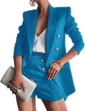 Women Suit with Shorts Ladies Office Causal Peak Lapel Double Breasted Suit Blazer and High Waisted Shorts Set