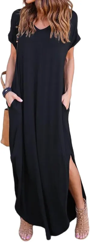 Women Summer Long T Shirt Dress Loose Short Sleeve Split Long Maxi Dresses Casual Beach Sundress Travel Vacation Outfits