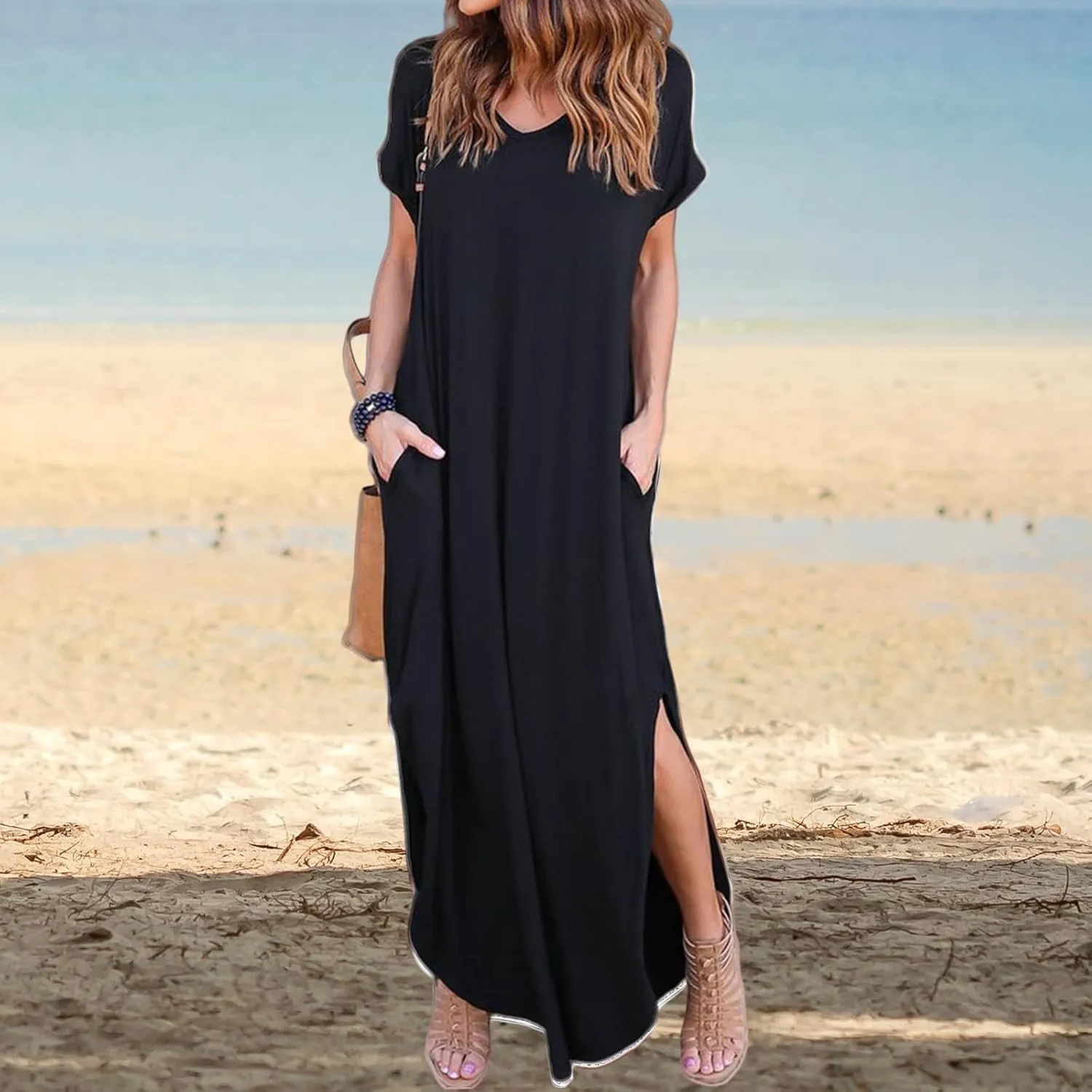 Women Summer Long T Shirt Dress Loose Short Sleeve Split Long Maxi Dresses Casual Beach Sundress Travel Vacation Outfits