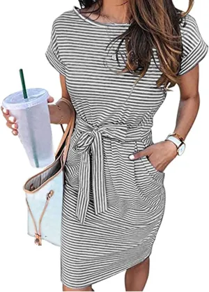 Women Summer Striped T Shirt Dress Short Sleeve Crewneck Tie Waist Midi Dress Casual Vacation Beach Sundress with Pockets