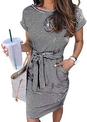 Women Summer Striped T Shirt Dress Short Sleeve Crewneck Tie Waist Midi Dress Casual Vacation Beach Sundress with Pockets