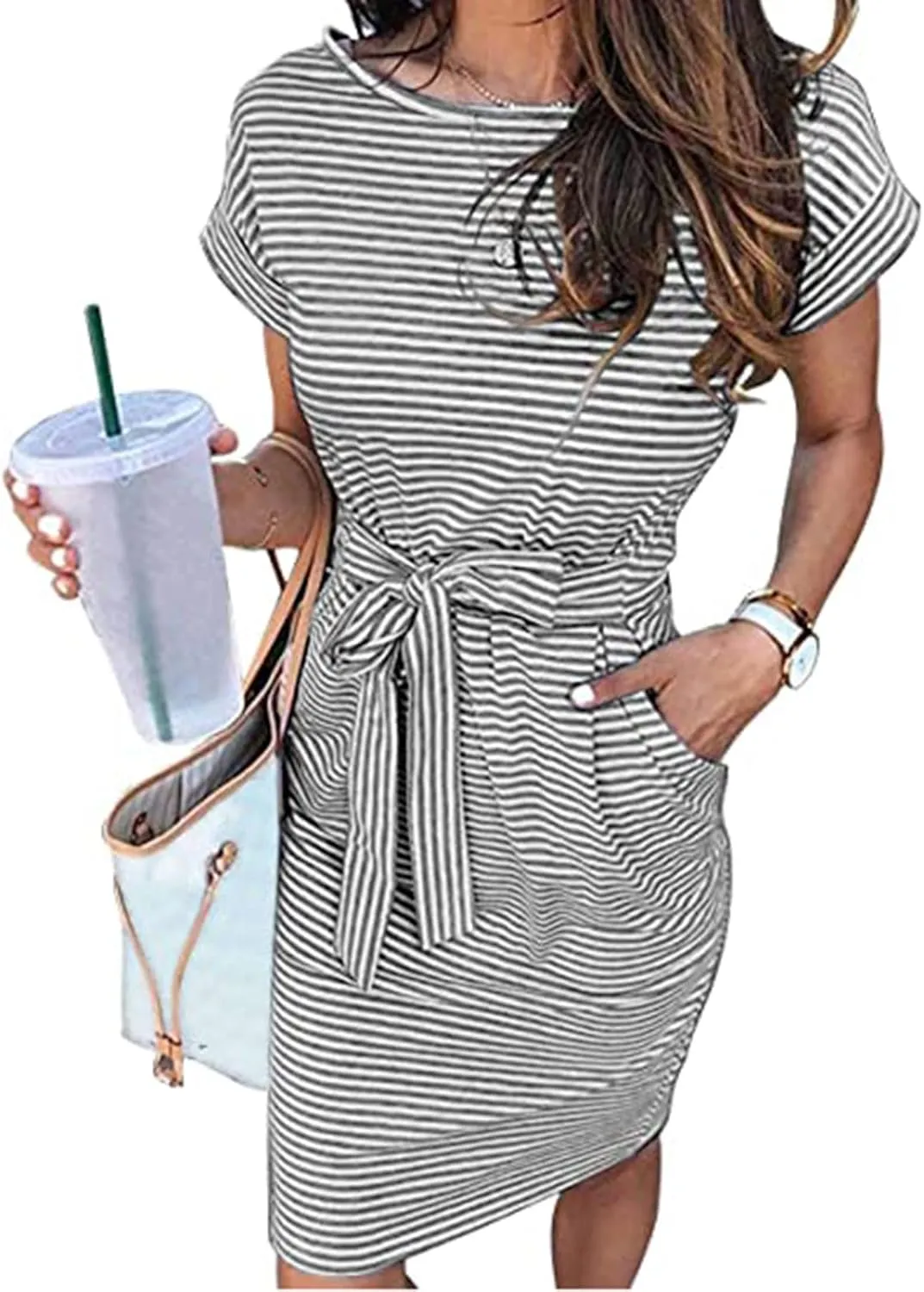 Women Summer Striped T Shirt Dress Short Sleeve Crewneck Tie Waist Midi Dress Casual Vacation Beach Sundress with Pockets