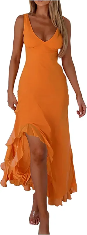 Women Summer Trendy Maxi Dresses Sleeveless Fit Flare Dress Hide Tummy Wrap V-Neck Ruffle Mesh Hem Long Sundress Elegant