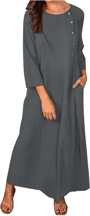 Women Sun Dresses 2024 Casual Summer Bohemian 3/4 Sleeve Dress with Pockets Button Solid Plus Size Elegant Maxi Dress