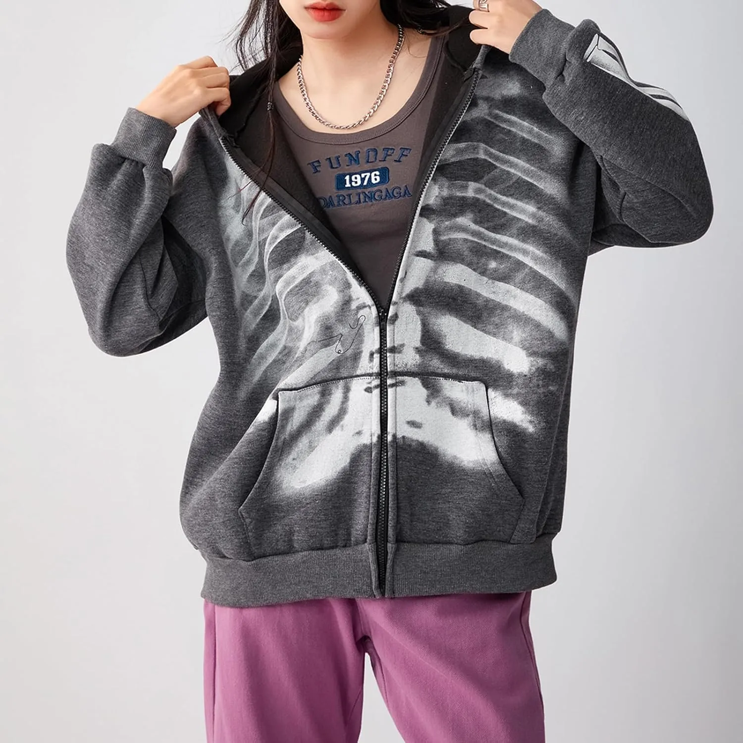 Women Vintage Oversized Long Sleeve Skeleton Printed Sweatshirt Zip Up Goth Hoodie Y2k Aesthetic Jacket Streetwear