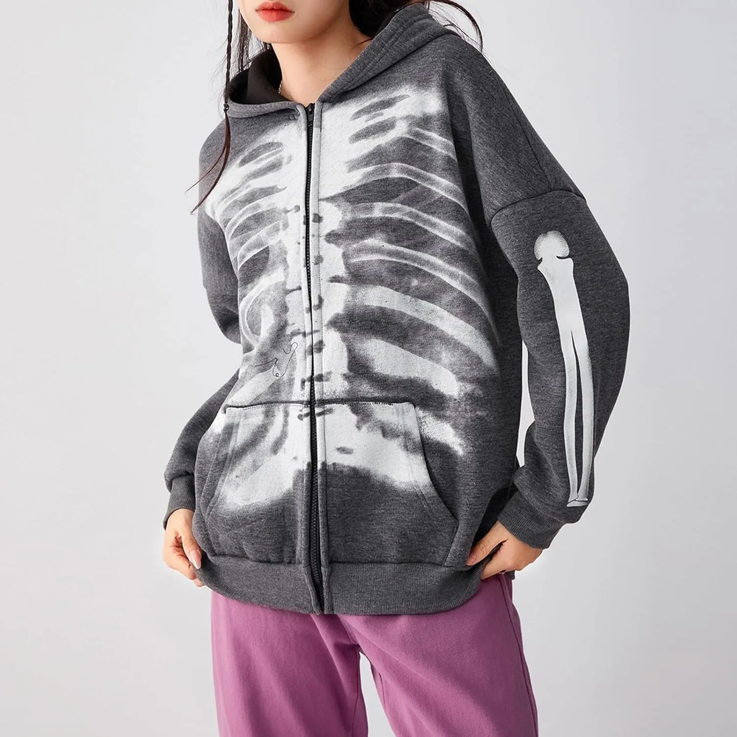 Women Vintage Oversized Long Sleeve Skeleton Printed Sweatshirt Zip Up Goth Hoodie Y2k Aesthetic Jacket Streetwear