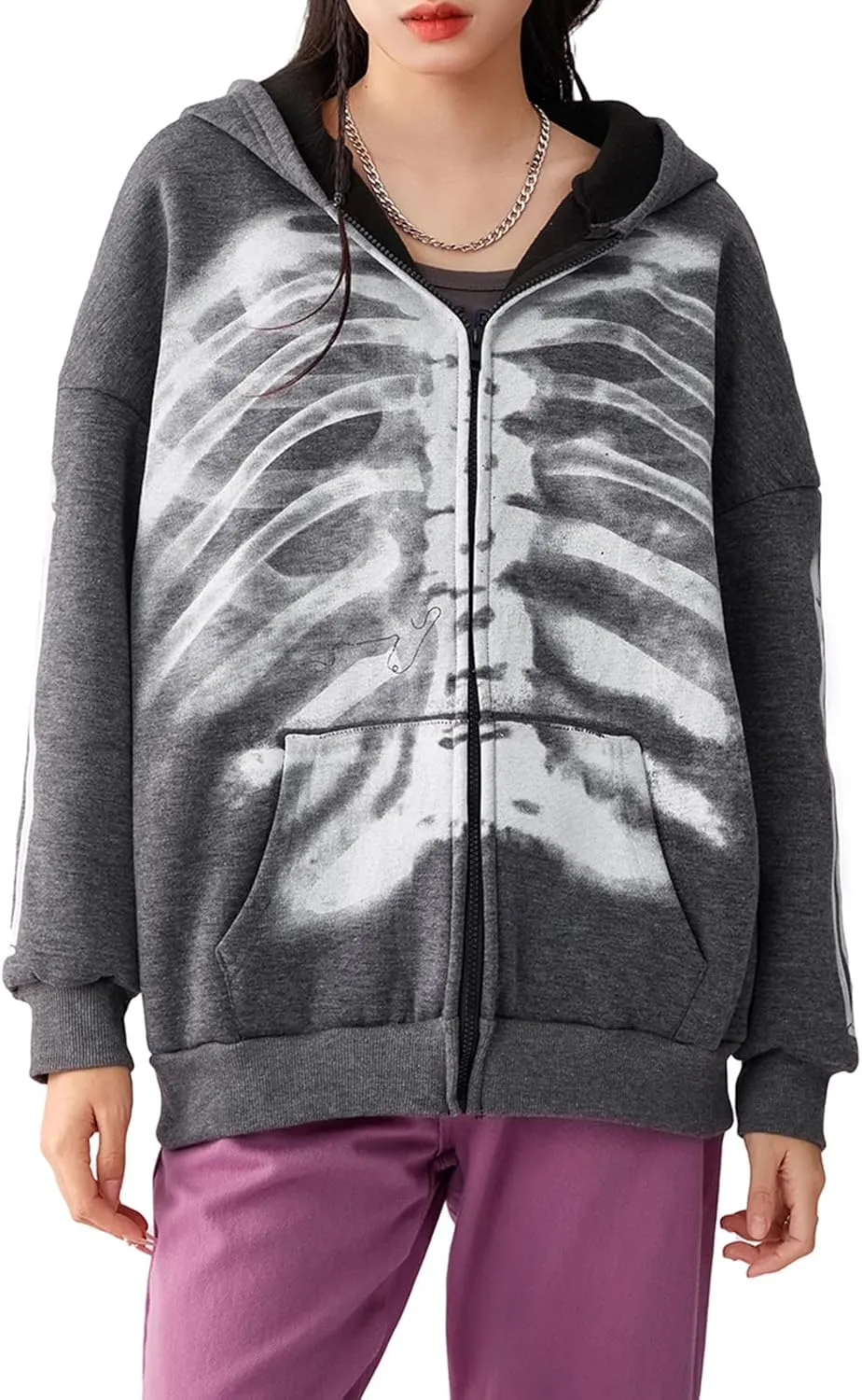 Women Vintage Oversized Long Sleeve Skeleton Printed Sweatshirt Zip Up Goth Hoodie Y2k Aesthetic Jacket Streetwear