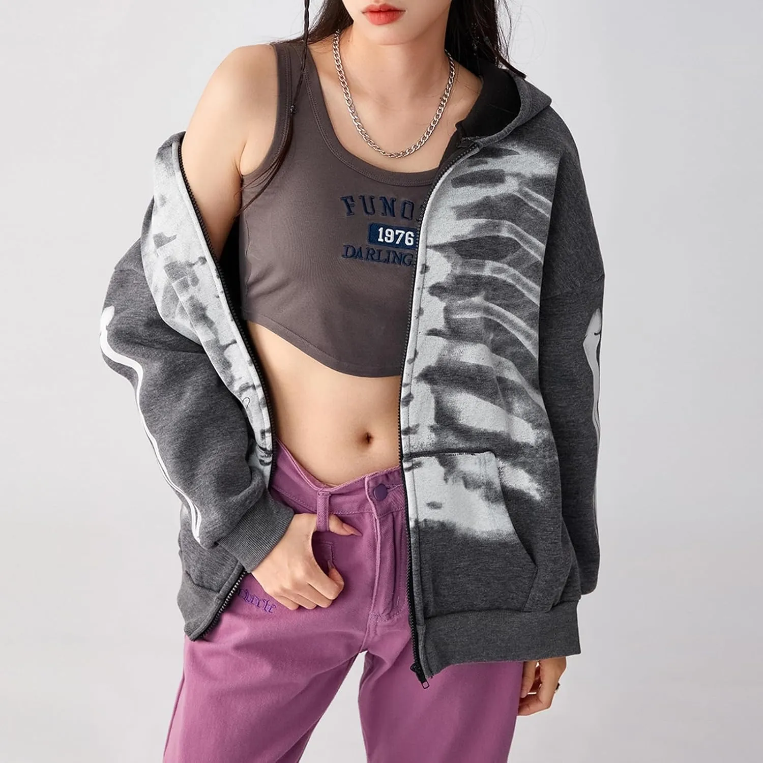 Women Vintage Oversized Long Sleeve Skeleton Printed Sweatshirt Zip Up Goth Hoodie Y2k Aesthetic Jacket Streetwear