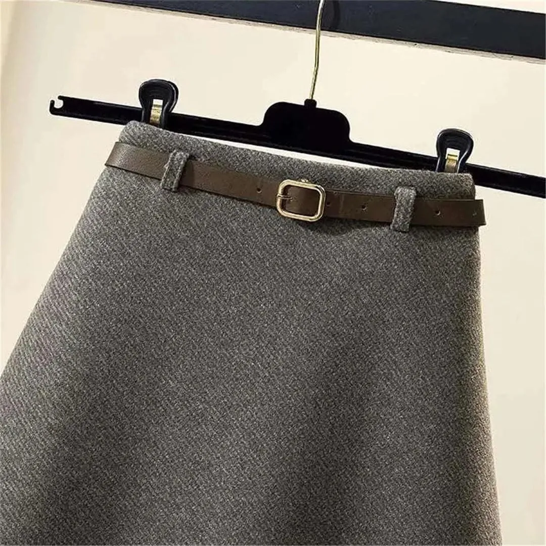 Women Wool Skirt Autumn Winter Thick Warm Simple Solid Color High Waist Straight Tooling Package Hip Long Skirt