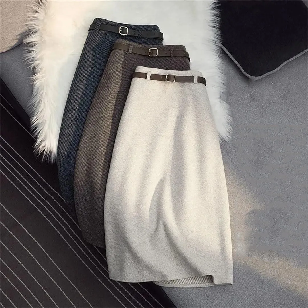 Women Wool Skirt Autumn Winter Thick Warm Simple Solid Color High Waist Straight Tooling Package Hip Long Skirt