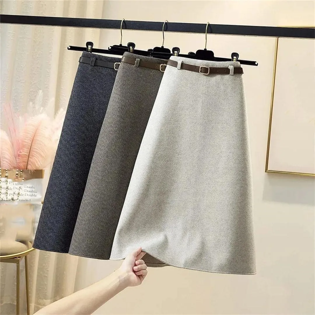 Women Wool Skirt Autumn Winter Thick Warm Simple Solid Color High Waist Straight Tooling Package Hip Long Skirt