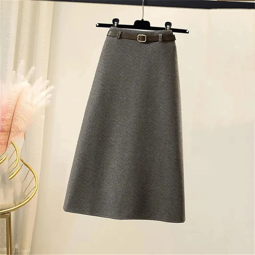 Women Wool Skirt Autumn Winter Thick Warm Simple Solid Color High Waist Straight Tooling Package Hip Long Skirt