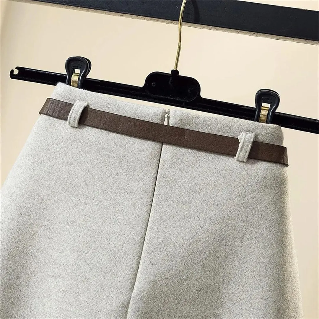 Women Wool Skirt Autumn Winter Thick Warm Simple Solid Color High Waist Straight Tooling Package Hip Long Skirt