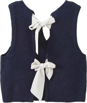Women Y2k Bow Tie Sweater Vest Top Back Split Sleeveless Crochet Short Sweater Shirt Casual Knit Cardigan Tank Tops