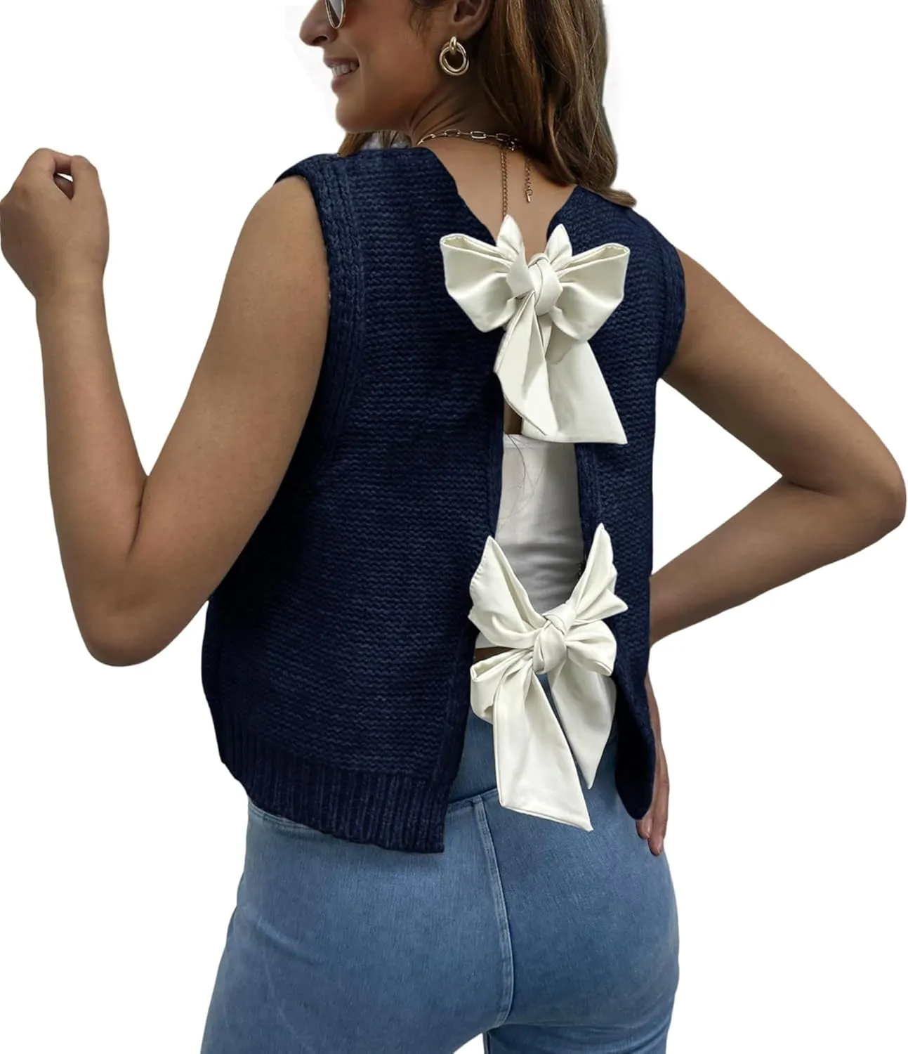 Women Y2k Bow Tie Sweater Vest Top Back Split Sleeveless Crochet Short Sweater Shirt Casual Knit Cardigan Tank Tops