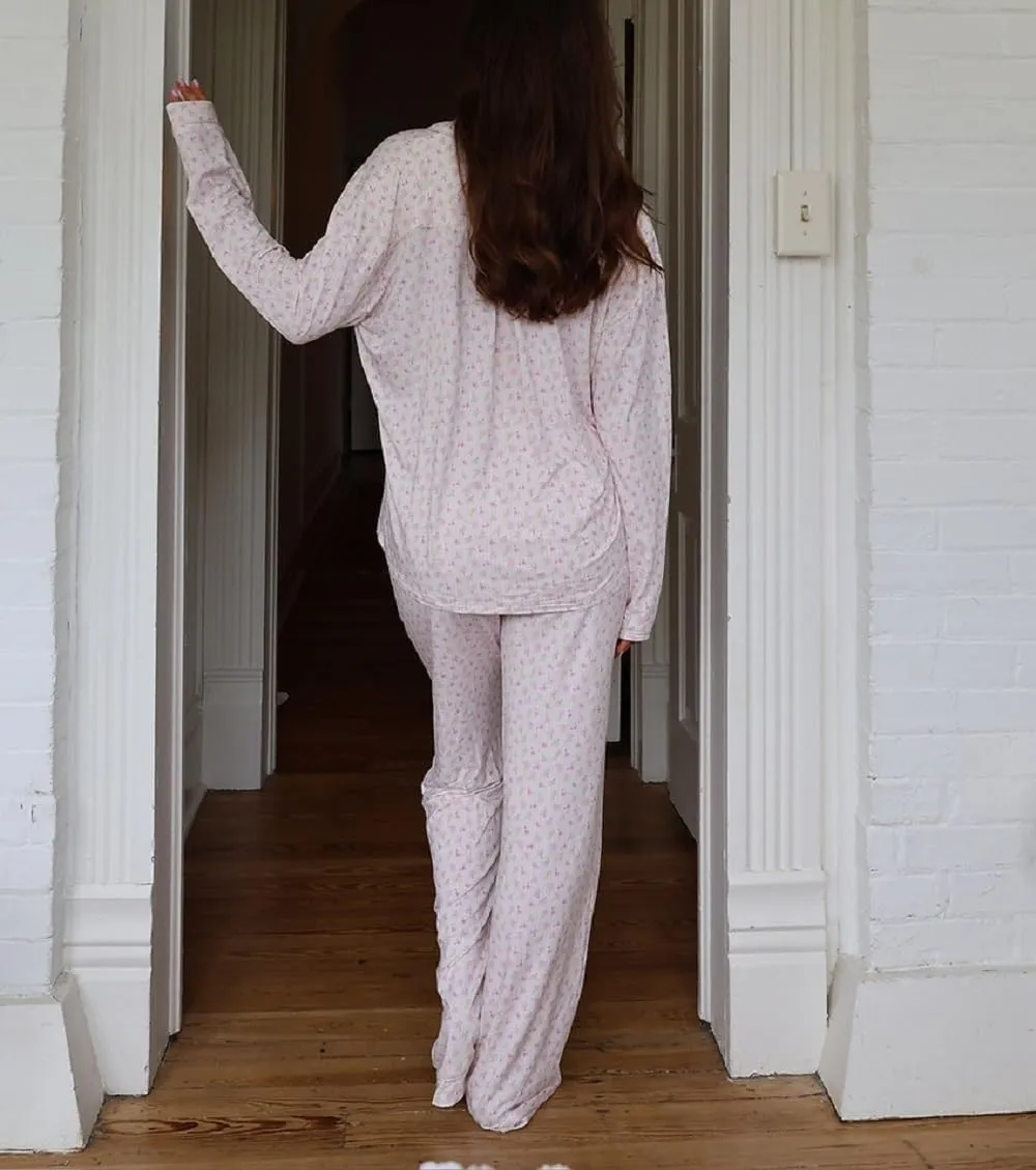 Women Y2K Floral 2 Piece Lounge Set Long Sleeve Button Down Shirt Top Wide Leg Long Pants Pajama Outfit