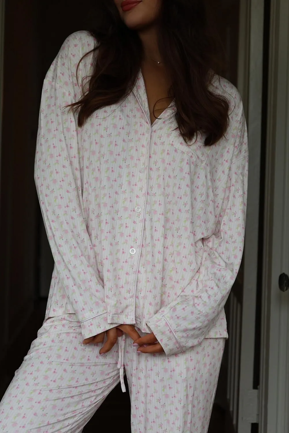 Women Y2K Floral 2 Piece Lounge Set Long Sleeve Button Down Shirt Top Wide Leg Long Pants Pajama Outfit
