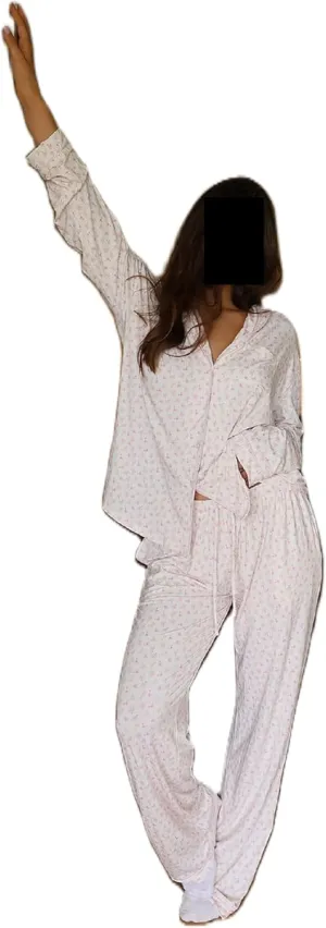 Women Y2K Floral 2 Piece Lounge Set Long Sleeve Button Down Shirt Top Wide Leg Long Pants Pajama Outfit