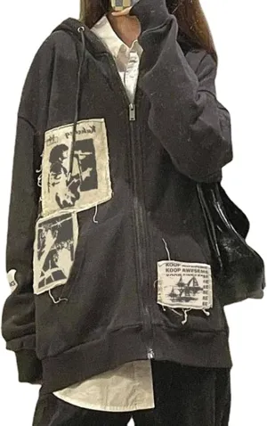 Women Y2K Hoodie Jacket Long Sleeve Graphic Zip Up Hoodie 90s Vintage Hooded Sweatshirt Tops E-Girls Streetwear