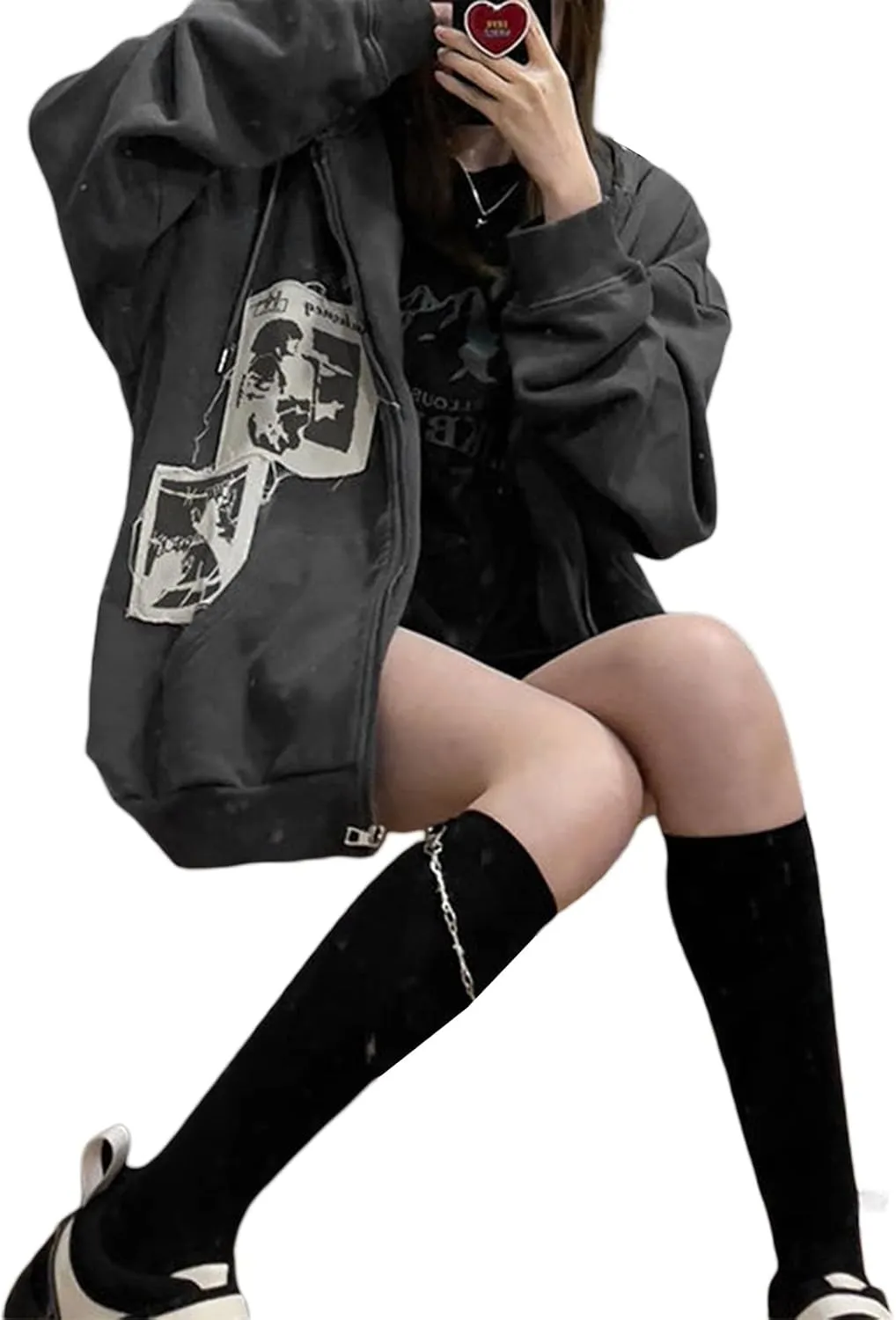 Women Y2K Hoodie Jacket Long Sleeve Graphic Zip Up Hoodie 90s Vintage Hooded Sweatshirt Tops E-Girls Streetwear