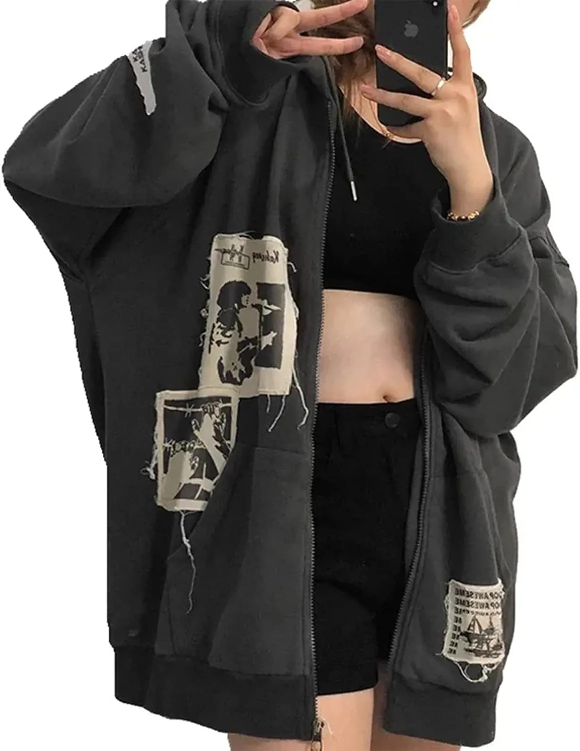 Women Y2K Hoodie Jacket Long Sleeve Graphic Zip Up Hoodie 90s Vintage Hooded Sweatshirt Tops E-Girls Streetwear