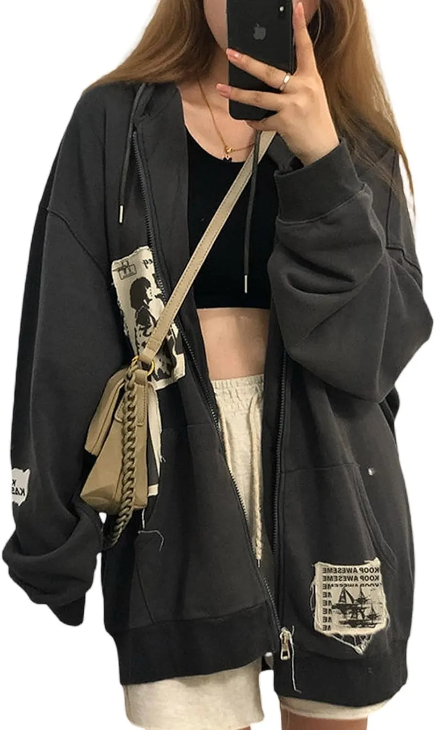 Women Y2K Hoodie Jacket Long Sleeve Graphic Zip Up Hoodie 90s Vintage Hooded Sweatshirt Tops E-Girls Streetwear