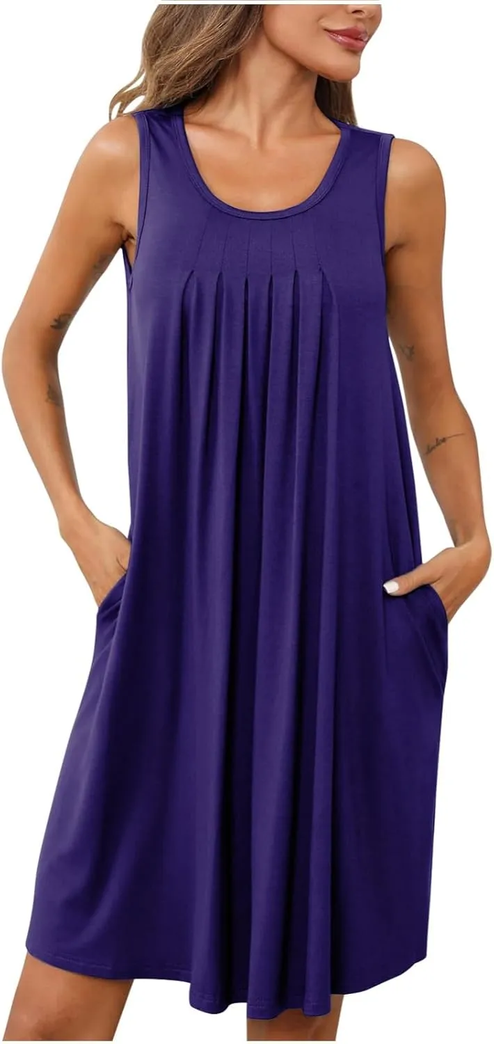 Women's 2024 Summer Casual Loose Beach Sleeveless Midi Sundress with Pockets Swing Solid Ruffle A-Line Dresses