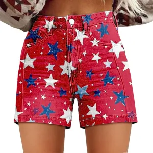 Women's American Flag Printed Denim Shorts High Waisted Patriotic Shorts Jeans Casual 4Th of July Summer Hot Short