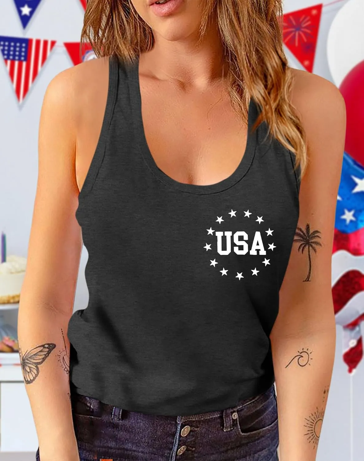 Womens American Flag Shirts 4th of July Outfits USA T-Shirt Patriotic Tank Shirt Fourth of July Sleeveless Tops