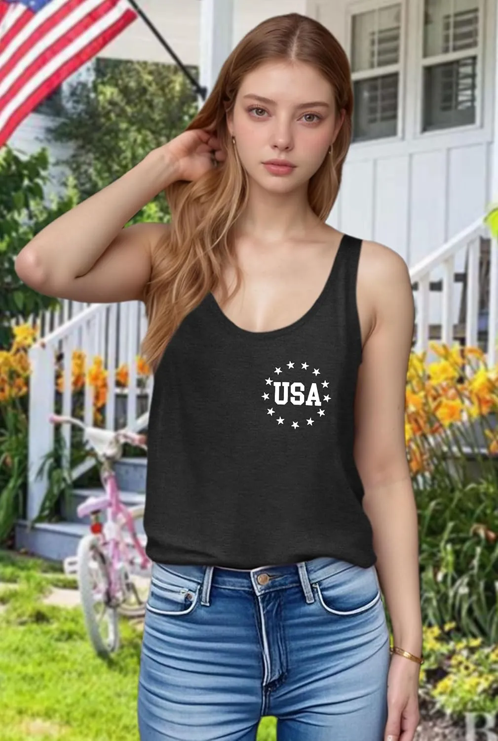 Womens American Flag Shirts 4th of July Outfits USA T-Shirt Patriotic Tank Shirt Fourth of July Sleeveless Tops