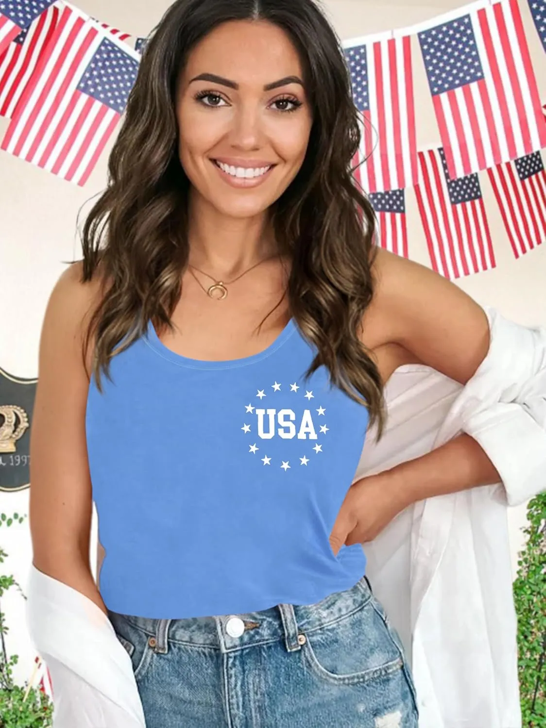 Womens American Flag Shirts 4th of July Outfits USA T-Shirt Patriotic Tank Shirt Fourth of July Sleeveless Tops