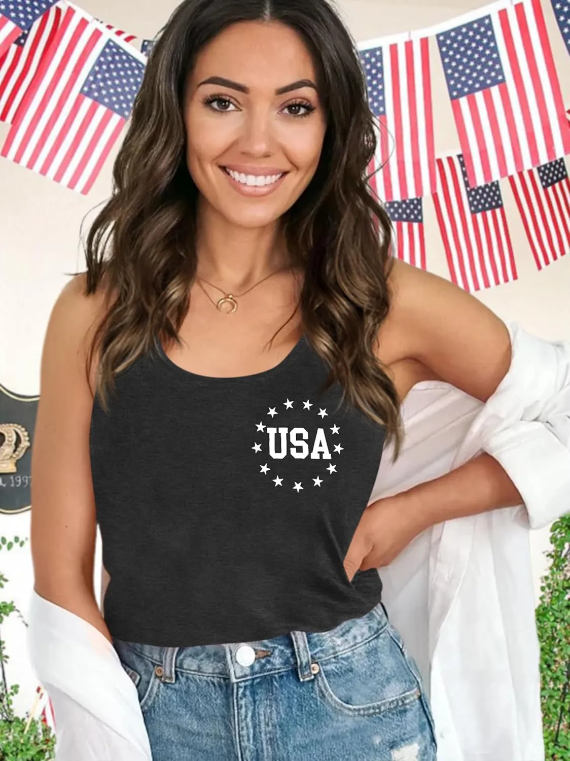 Womens American Flag Shirts 4th of July Outfits USA T-Shirt Patriotic Tank Shirt Fourth of July Sleeveless Tops