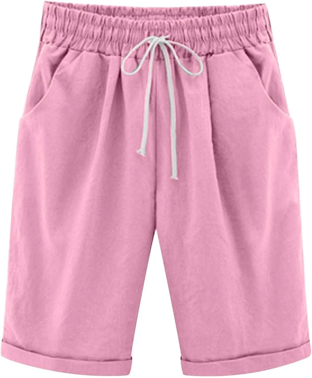 Womens Bermuda Shorts Summer Linen Knee Length Wide Leg Shorts Baggy Comfy High Waist Solid Short Pants with Pockets