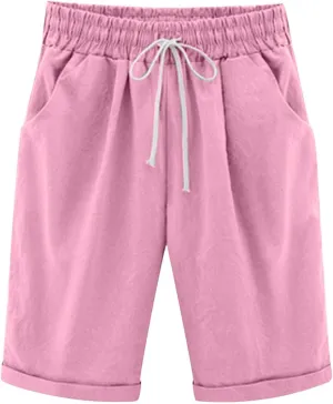 Womens Bermuda Shorts Summer Linen Knee Length Wide Leg Shorts Baggy Comfy High Waist Solid Short Pants with Pockets