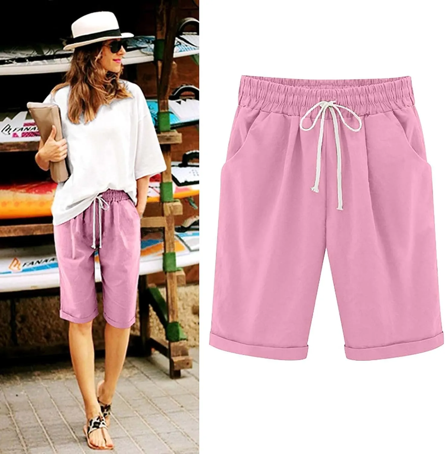 Womens Bermuda Shorts Summer Linen Knee Length Wide Leg Shorts Baggy Comfy High Waist Solid Short Pants with Pockets
