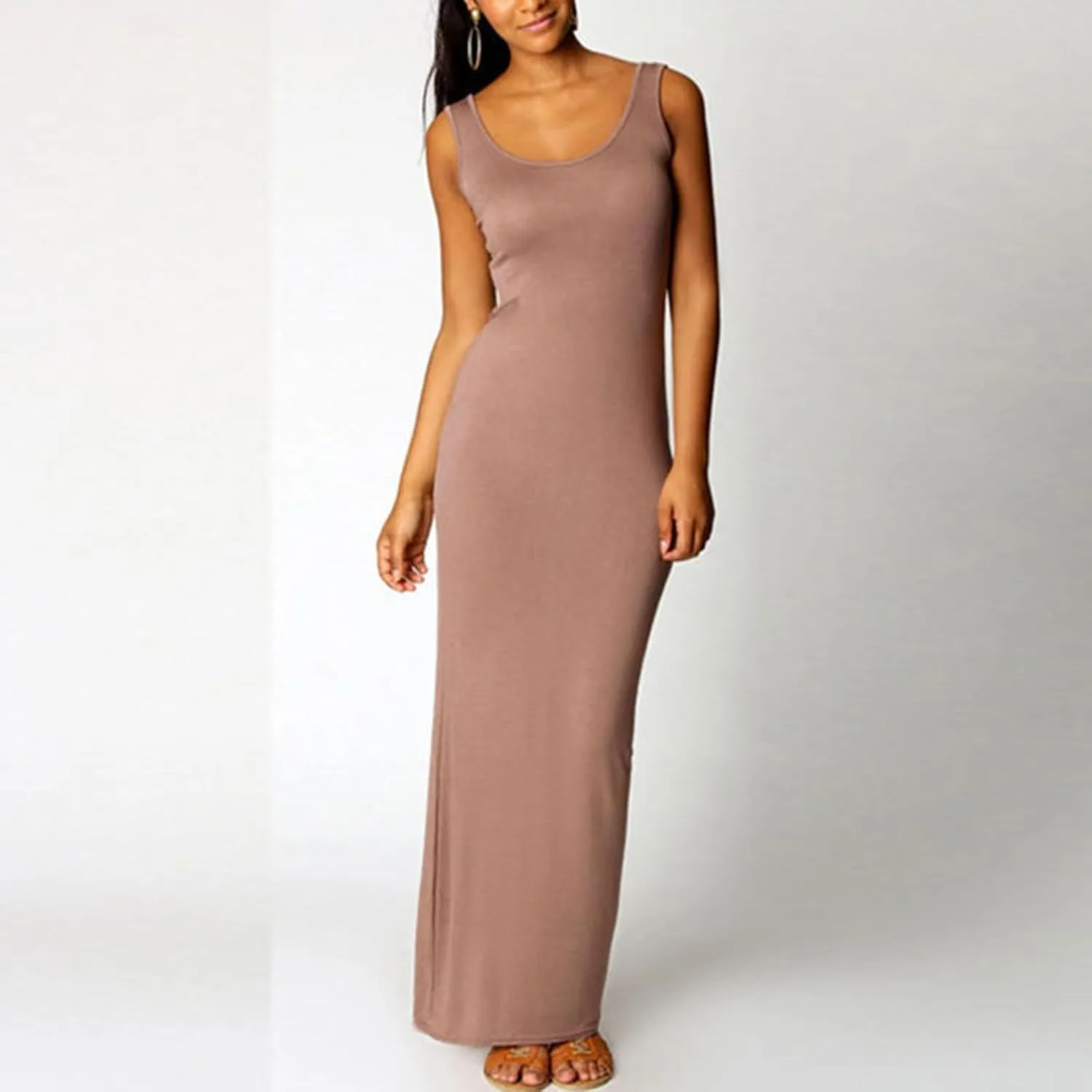 Womens Bodycon Dresses Plus Size Sleeveless Maxi Dress Elastic Solid Color Long Tank Sundress Summer Casual Outfits