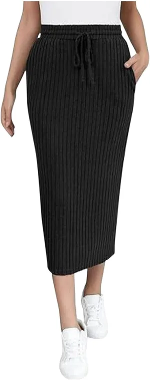 Women's Bodycon Knitted Ribbed Pencil Skirts Elastic High Waisted Midi Long Skirt Trendy Casual Fall Spring Outfit