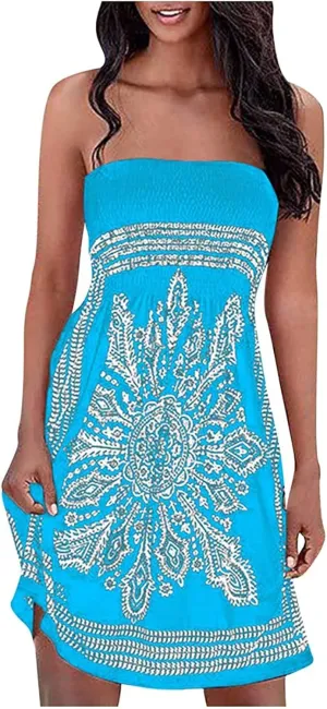 Womens Bohemian Tube Smocked Dress Off Shoulder Strapless Backless Ruffle Floral Beach Mini Dress (Color : Blue, Size : Medium)