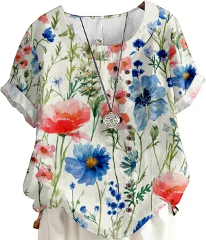 Women's Boho Floral Print Shirt Short Sleeve Casual Button Shirts Round Neck T-Shirt Summer Fashion Loose Tunic Tops