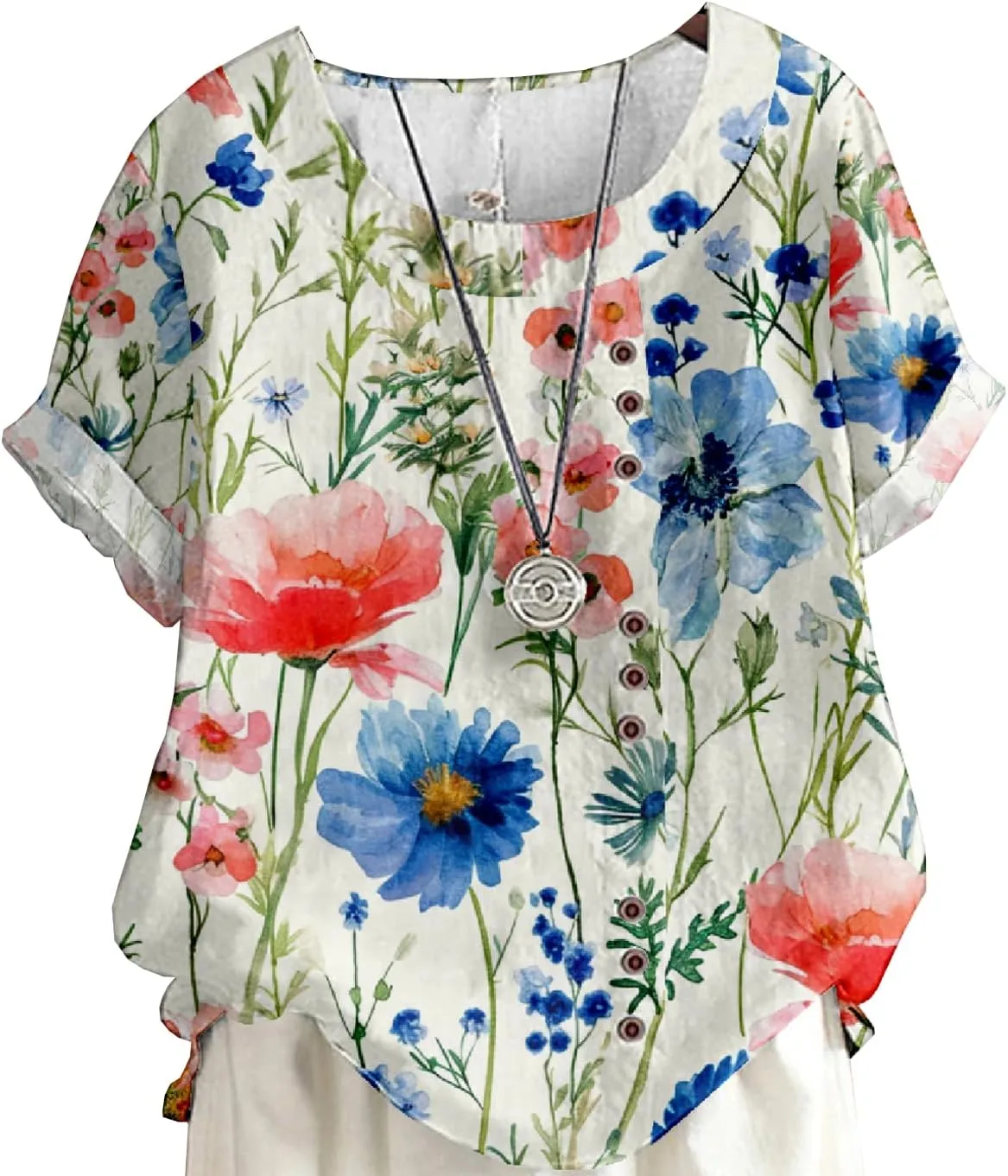 Women's Boho Floral Print Shirt Short Sleeve Casual Button Shirts Round Neck T-Shirt Summer Fashion Loose Tunic Tops
