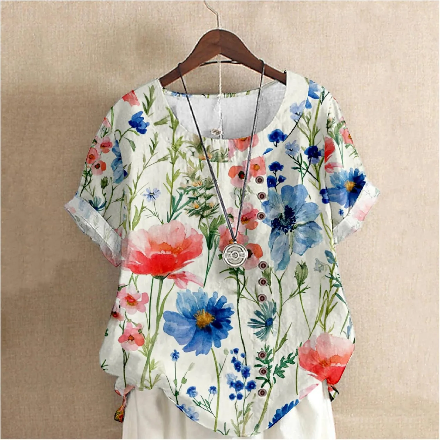 Women's Boho Floral Print Shirt Short Sleeve Casual Button Shirts Round Neck T-Shirt Summer Fashion Loose Tunic Tops