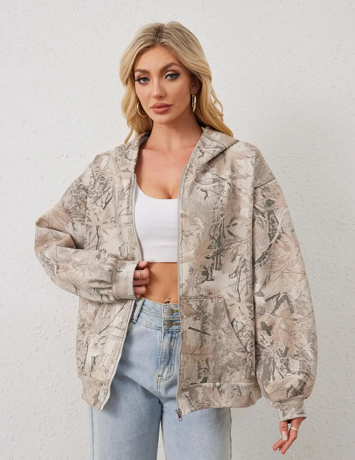Womens Camo Zip Up Hoodie Long Sleeve Maple Leaf Print Oversized Hooded Jacket Fleece Full Zip Sweatshirt with Pockets