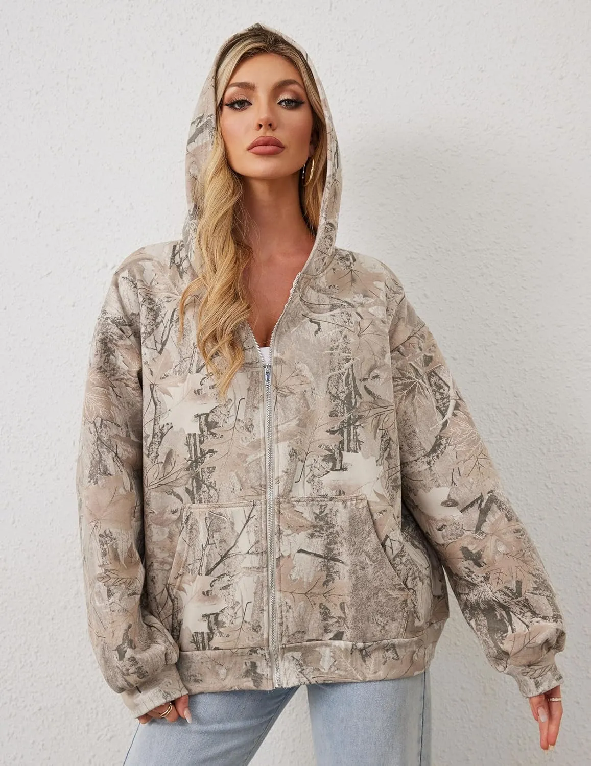 Womens Camo Zip Up Hoodie Long Sleeve Maple Leaf Print Oversized Hooded Jacket Fleece Full Zip Sweatshirt with Pockets